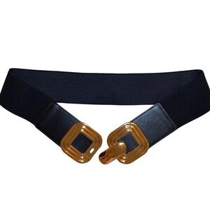 WIDE ELASTIC STRETCH BELT Interlocking Closure Vintage Fashion 80s  Black Gold